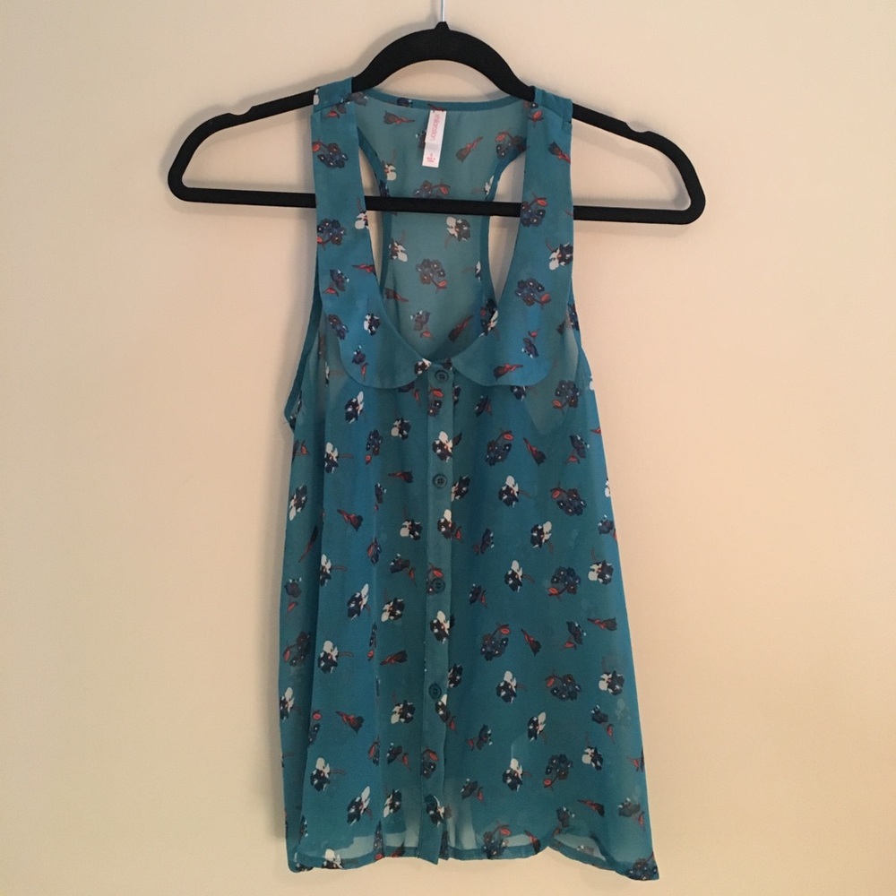 Teal Tank with Coral Floral Print